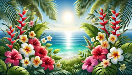 Fototapeta premium Tropical flowers framing clear ocean view