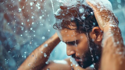 Creative Man Washing Hair with Shampoo in Shower, Eyes Closed Under Running Water. Male Hair Care and Grooming Concept, Ideal for Body Wash Commercial Ads or Summer Party Invitations, Men's Charm Care