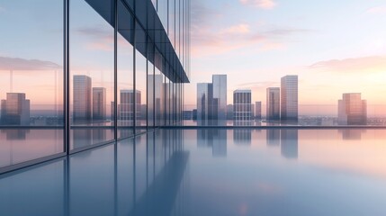 Obraz premium Modern skyscrapers reflected in glass building at sunset