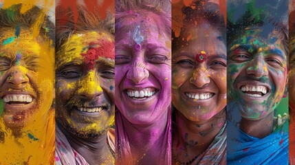 Obraz premium Vibrant Holi Celebrations Captured Through Expressive Portraits, Showcasing Laughter, Joy, and Reflective Moments, Great for Art Exhibitions and Cultural Events