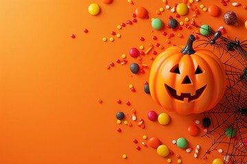 A smiling jack-o-lantern surrounded by colorful candy and paper cut spiderwebs on a bright orange background a fun and festive Halloween concept