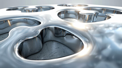 Abstract Chrome Puzzle Macro Shot with Reflective Metallic Surface and Complex Interlocking Shapes, Conceptual Industrial Design and Engineering Background