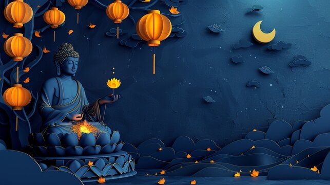 Buddha with a single devotee offering a flower with paper cut lanterns and a peaceful night sky on a dark blue background a moment of reverence