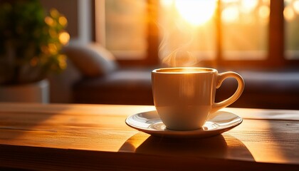 Obraz premium 日の光を眺めながら飲むコーヒー