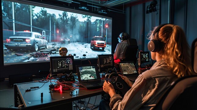 43. Halloween Day: Professional horror film automotive stunt planning office, crash test dummies, simulation screens
