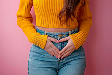 close up of woman's hands holding her stomach, illness, cramps, health, color background, girl suffering, painful periods, stomach-ache, abdominal
