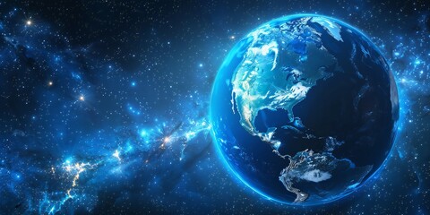Obraz premium Glowing blue earth with detailed city lights against a starry space background