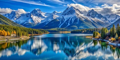 Mountain Lake Reflection - A serene landscape of snow-capped mountains mirrored in the still waters of a pristine lake.  , mountain lake , reflection , serene , nature