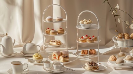 Obraz premium Sophisticated Afternoon Tea Affair: Artisanal Pastries and High Tea Elegance in Studio Lighting Emphasis, Generative Ai