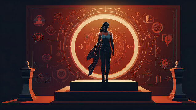 An illustration representing empowerment, with a person standing confidently on a podium, surrounded by supportive elements and symbols of strength and confidence.
