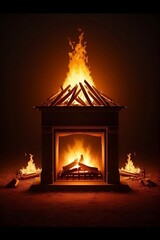 As darkness envelops the night, a crackling bonfire emerges, casting an enchanting glow of orange and yellow flames against the backdrop of the darkene