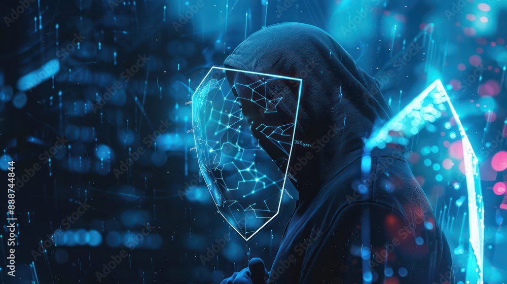 Poster cyber security data protection concept with double exposure of shield, hacker, and firewall technolo