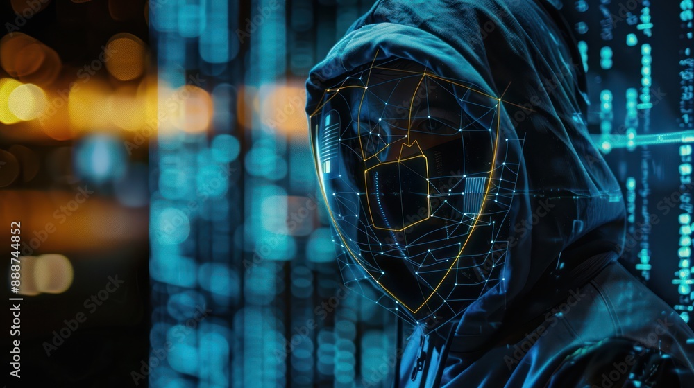 Poster digital security concept: hacker blocked by glowing cyber shield and padlock in double exposure phot