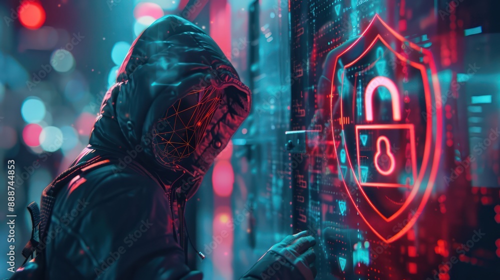 Poster digital security concept: hooded hacker blocked by glowing cyber shield and padlock - double exposur