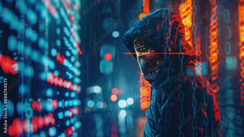 Poster digital security concept - double exposure of hooded hacker and cyber shield with padlock, protectin