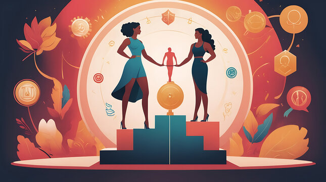 An illustration representing empowerment, with a person standing confidently on a podium, surrounded by supportive elements and symbols of strength and confidence.
