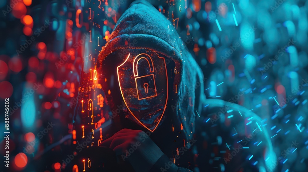 Poster digital security concept: double exposure of hooded hacker blocked by cyber shield and padlock, data