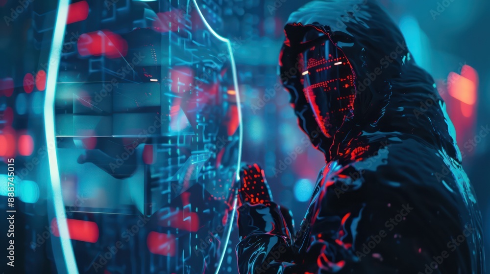 Poster digital security concept: double exposure of hooded hacker blocked by cyber shield and padlock in 32