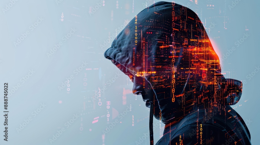 Poster digital security concept: hooded hacker blocked by cyber shield and padlock in double exposure, data