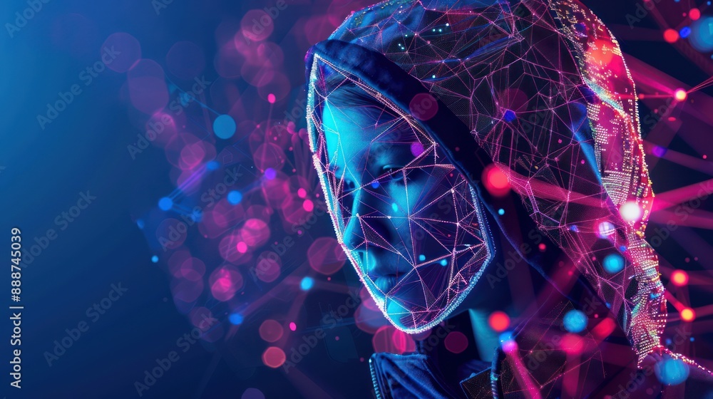 Poster cyber security concept with hooded hacker in double exposure, glowing cyber shield, and padlock - da