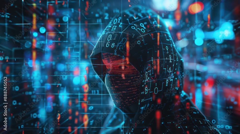 Poster digital shield and padlock defending against hooded hacker in double exposure, cyber security concep