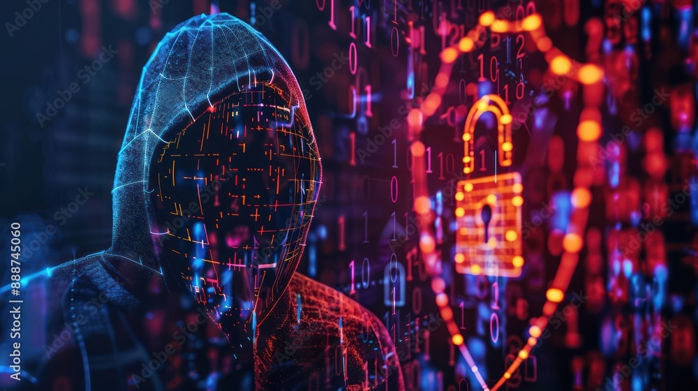 Aufkleber digital shield protection: double exposure of padlock blocking hooded hacker in cyber security conce