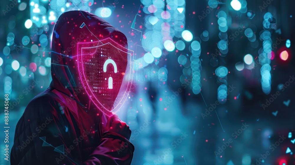 Poster digital shield and padlock defending against hooded hacker in double exposure, cyber security concep