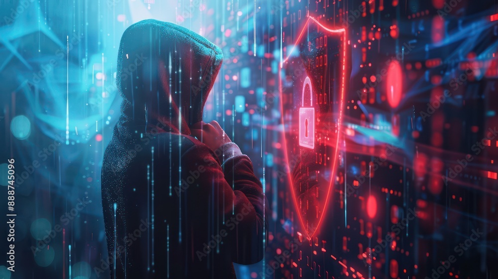Poster digital warrior: hooded hacker confronting cyber shield and padlock in double exposure, concept of f