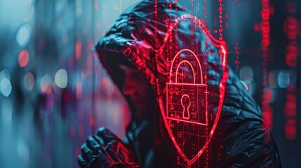 Digital Security Concept: Hooded Hacker with Cyber Shield and Padlock Overlay, Double Exposure Data Protection in 32K Resolution, Generative Ai