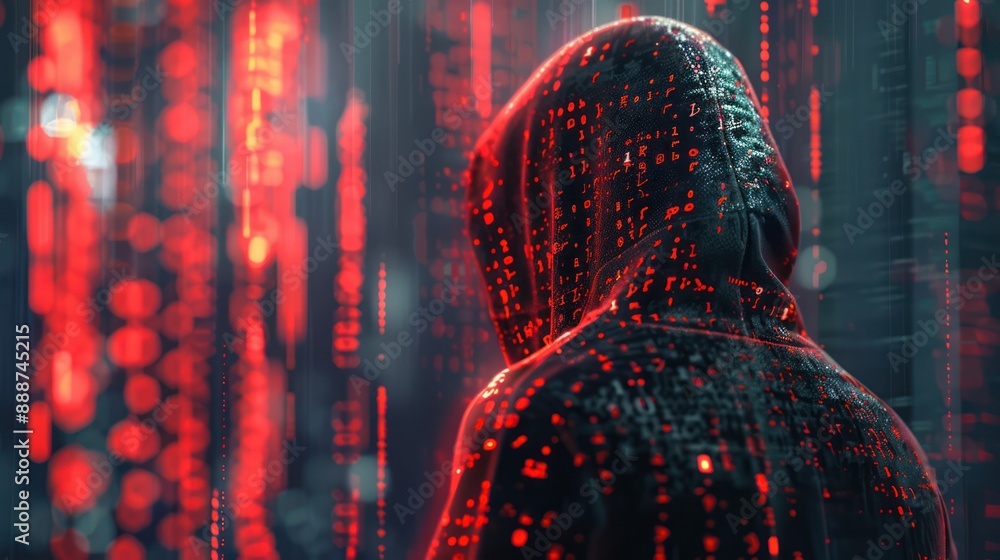 Poster cybersecurity concept with hooded hacker and cyber shield in double exposure, 32k resolution, genera