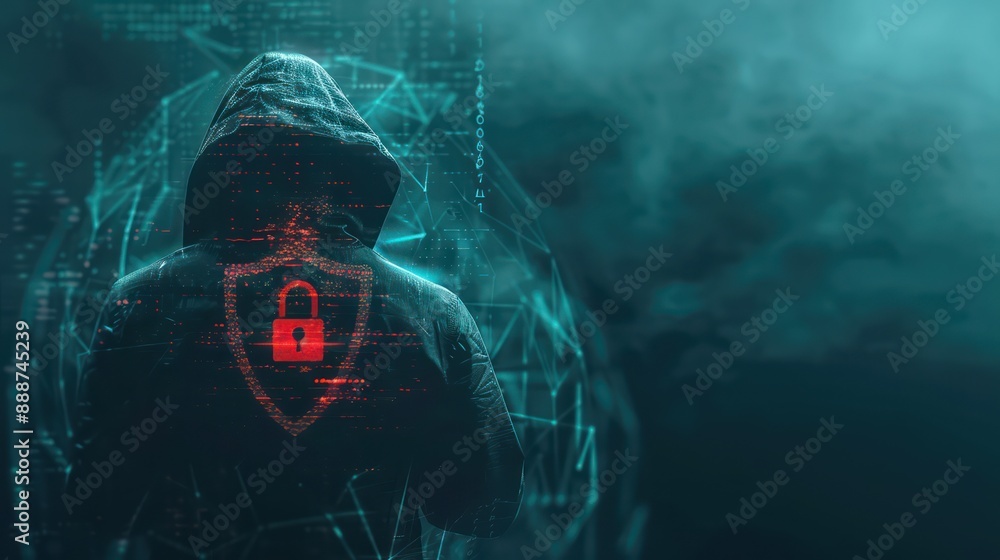 Poster cyber security concept - hooded hacker with overlaying cyber shield and padlock in double exposure, 