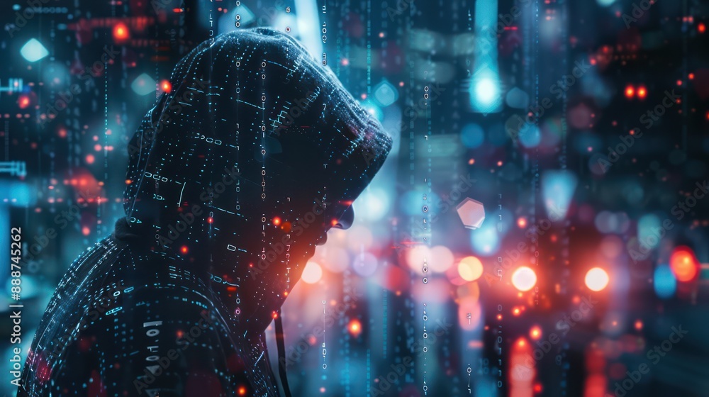 Poster digital security concept: hooded hacker blocked by cyber shield and padlock in double exposure, high