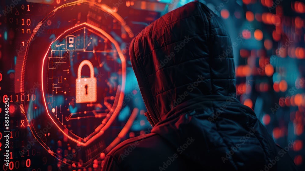 Poster digital security breach: hooded hacker confronting cyber shield and padlock in 32k double exposure, 