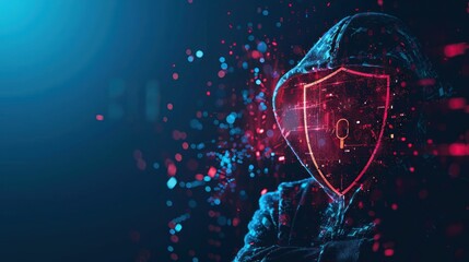 Digital Security Concept with Cyber Shield and Padlock Overlay on Hooded Hacker - Double Exposure Technology with Firewall Protection in 32K Resolution, Generative Ai