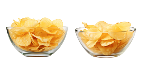 Glass bowl of piled potato chips on a white background