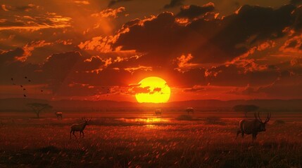 Sunset with Wild Animals: A serene sunset paints the horizon as wild elephants move gracefully across the landscape, silhouetted against the fading light.
