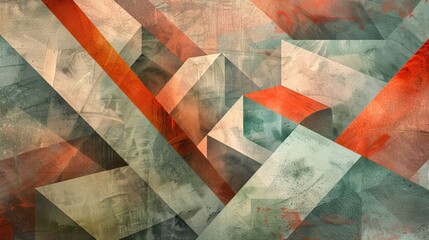 Geometric abstract art with muted colors and textured layers creating a complex design