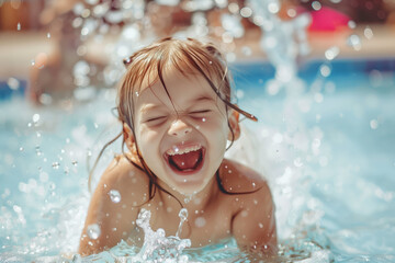 little laughing baby playing in a water park, a child splashing in a summer outdoor pool
