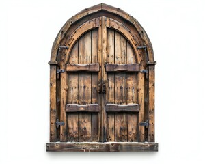 Weathered Wooden Doorway with Arched Top and Metal Hinges