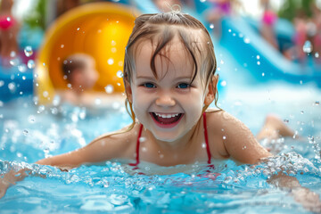 little laughing baby playing in a water park, a child splashing in a summer outdoor pool
