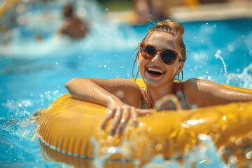 Portrait of young woman in sunglasses with inflatable yellow ring in a swimming pool. Female looking at camera with rubber ring in hand.