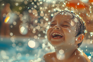 little laughing baby playing in a water park, a child splashing in a summer outdoor pool