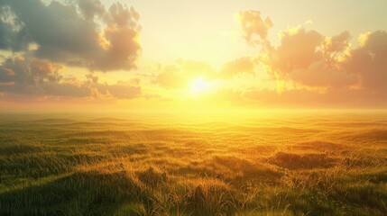 Obraz premium Sunset over Prairie: The prairie stretches far and wide, bathed in the gentle embrace of the setting sun, painting the sky and earth in a harmonious palette of colors. 