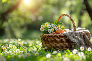 Sunny, picnic basket on the grass with fruits