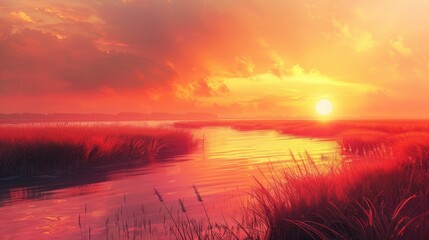 Fototapeta premium Sunset with Riverbank: The sun descends, casting its warm glow over the riverbank, where tranquil waters mirror the sky's fiery palette, painting a serene evening scene. 