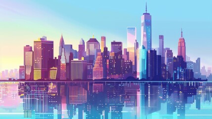 Vibrant city skyline illustration featuring modern skyscrapers and reflections, showcasing urban architecture at sunrise with colorful hues.