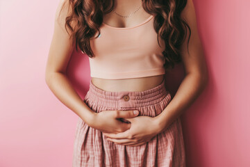 A pregnant woman in a skirt hugs her stomach with her hands. Happy pregnancy in pink color