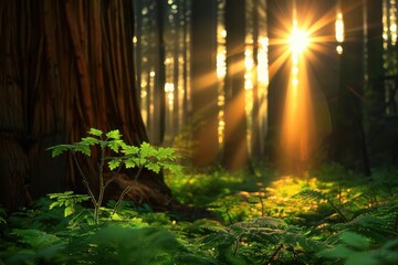 Sunlight filtering through trees in a lush forest, illuminating vibrant green foliage on the forest floor.