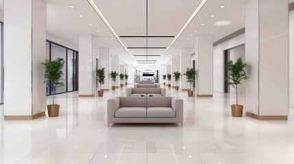 Fototapeta premium A modern, minimalist hallway with white walls and floors, featuring a pair of grey sofas and potted plants. Poster art, website, and media decor. Commercial use, 300 dpi