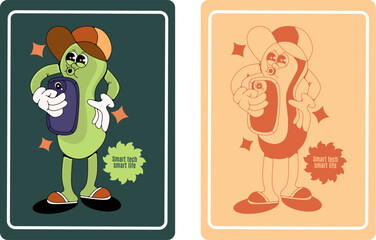 cucumber pickle mascot playing with cellphone